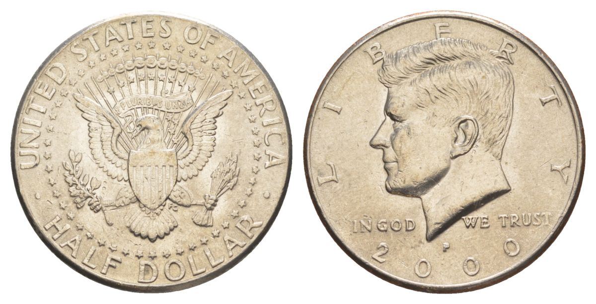 США 1/2 доллара (50 центов) 2000 P, Джон Кеннеди KM A202b медь плакированная медно-никелем aUNC 4517-933