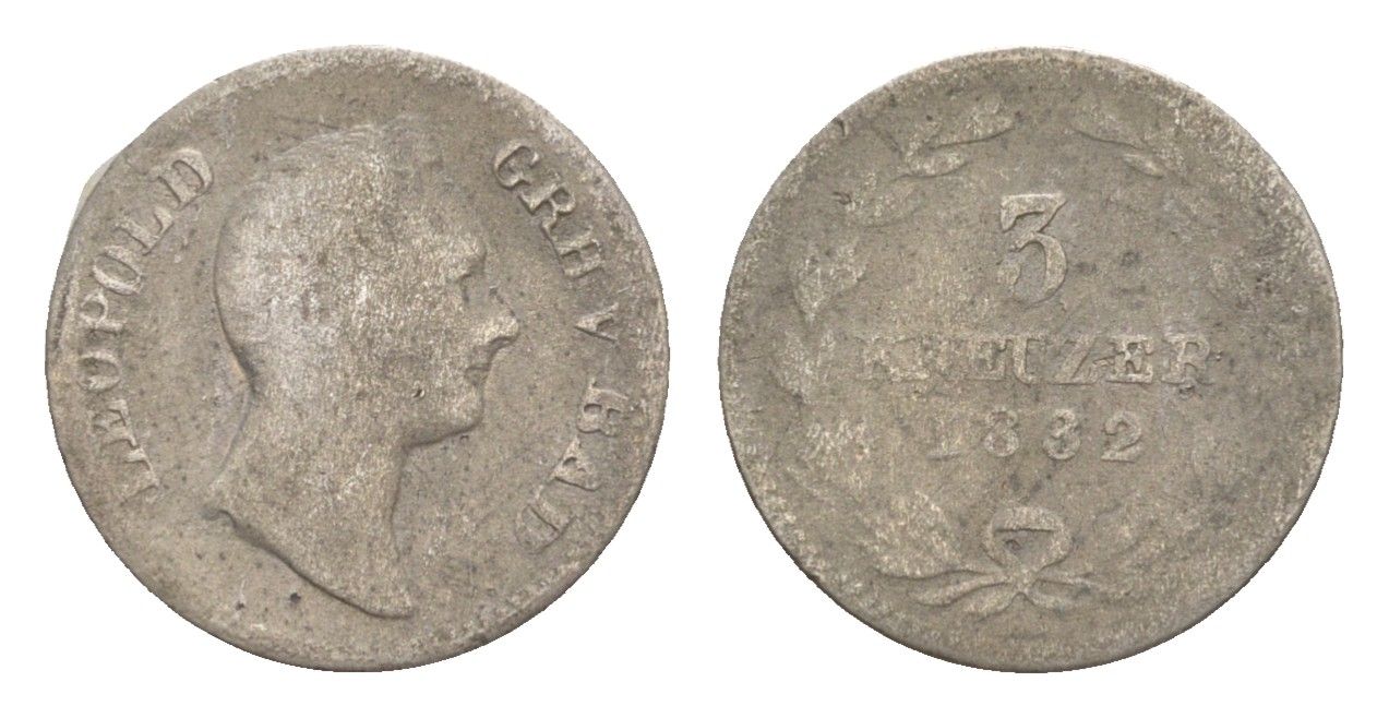 Баден 3 крейцера 1832 Леопольд (1830-1852) KM 199 серебро 4639-1128