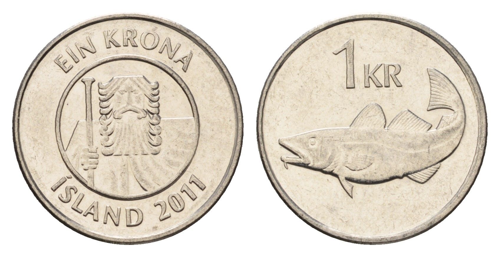Исландия 1 крона 2011 треска KM 27a сталь плакированная никелем UNC 4691-625