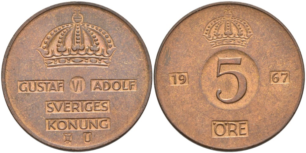 Швеция 5 эре 1967 U, Густав VI Адольф (1950-1973) KM 822 бронза 4557-824