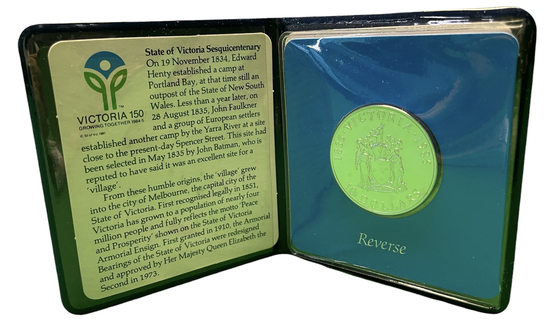 Австралия 10 долларов 1985 серия 150 лет Австралии, штат Виктория, запайка, в оригинальном буклете KM 85 серебро BUNC 3-4-7-30