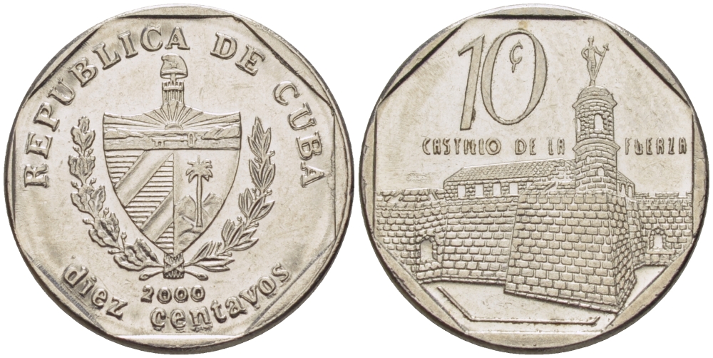 Куба 10 сентаво 2000 форт в Гаване Ла-Фуэрса KM 576.2 сталь плакированная никелем 66-669