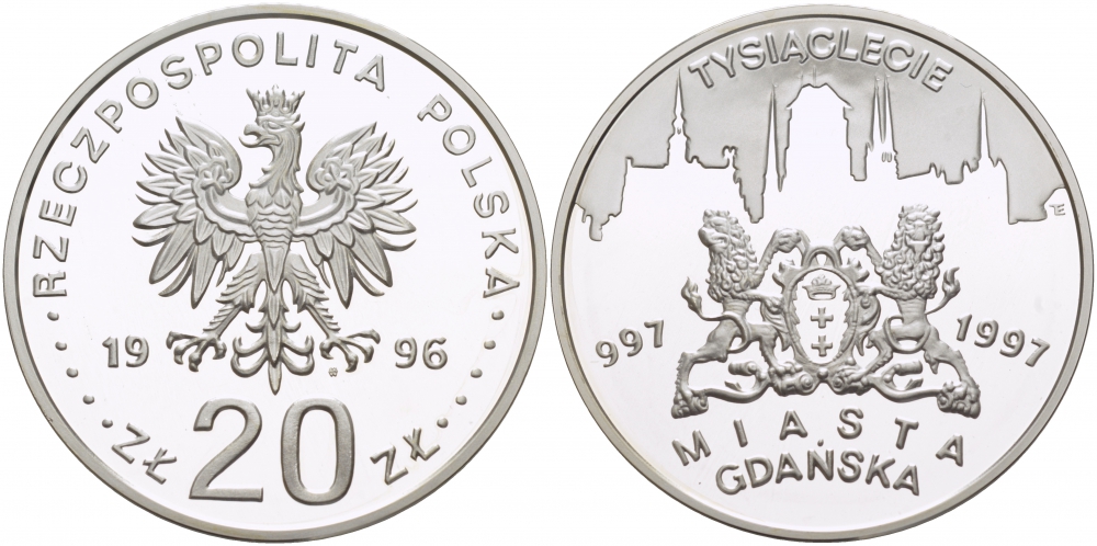 Польша 20 злотых 1996 MW, 1000 летие Гданьска KM 319 серебро PROOF 1084-6-43