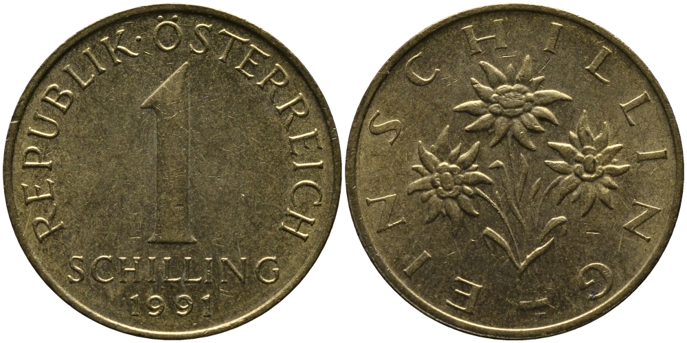 АВСТРИЯ 1 ШИЛЛИНГ 1991 KM 2886 алюминиевая бронза 33-552