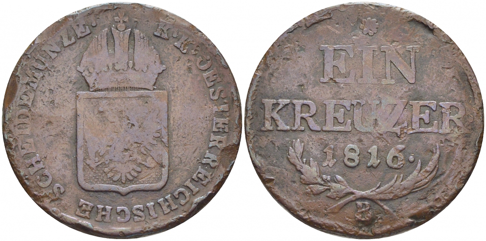 АВСТРИЯ 1 КРЕЙЦЕР 1816 В, ФРАНЦ II (1792-1835) KM 2113 медь 114-845