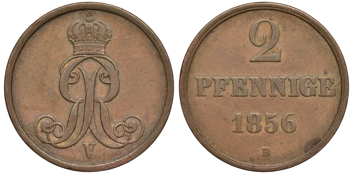 Брауншвейг-Каленберг-Ганновер 2 пфеннига 1856 B, Георг V (1851-1866) KM 217,  AKS 152, J. 84 медь 4142-227