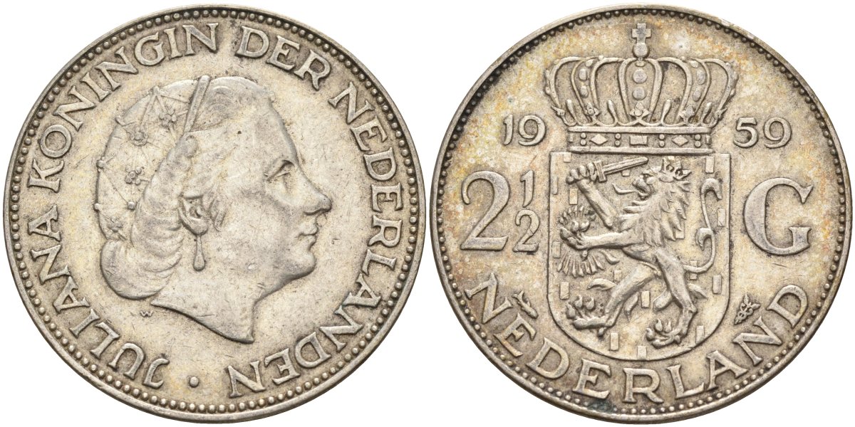 Нидерланды 2 1/2 гульдена 1959 Юлиана (1948-1980) KM 185 серебро 4131-1114