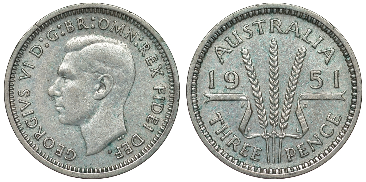 Австралия 3 пенса 1951 m, Георг VI (1937-1952), без букв KM 44 серебро 71-316