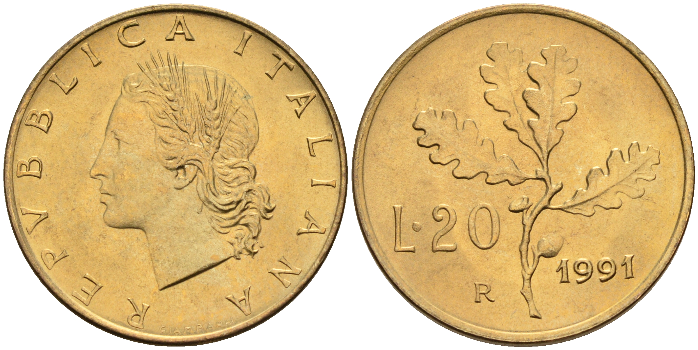 Италия 20 лир 1991 R, дубовый лист KM 97.2 алюминиевая бронза  UNC  4594-825