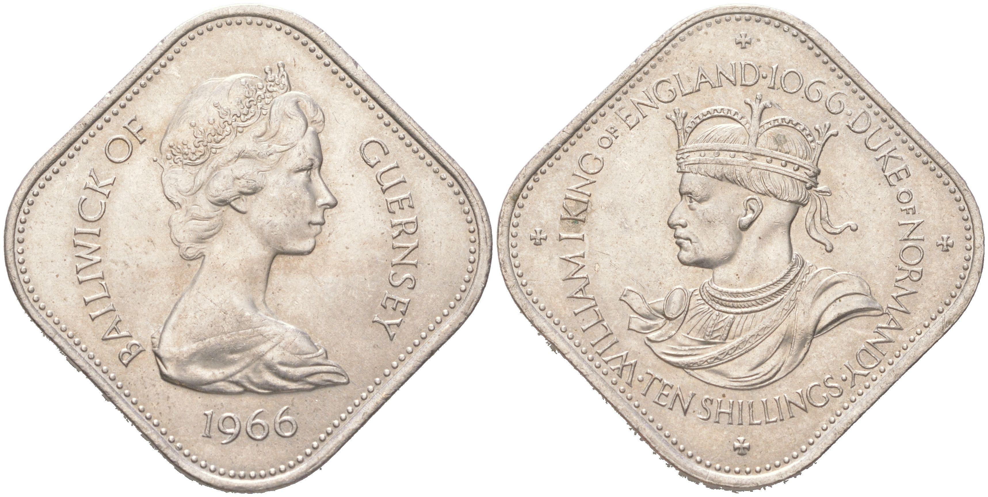 Гернси 10 шиллингов 1966 900 лет Нормандскому завоеванию KM 19 медно-никель UNC 4620-1055