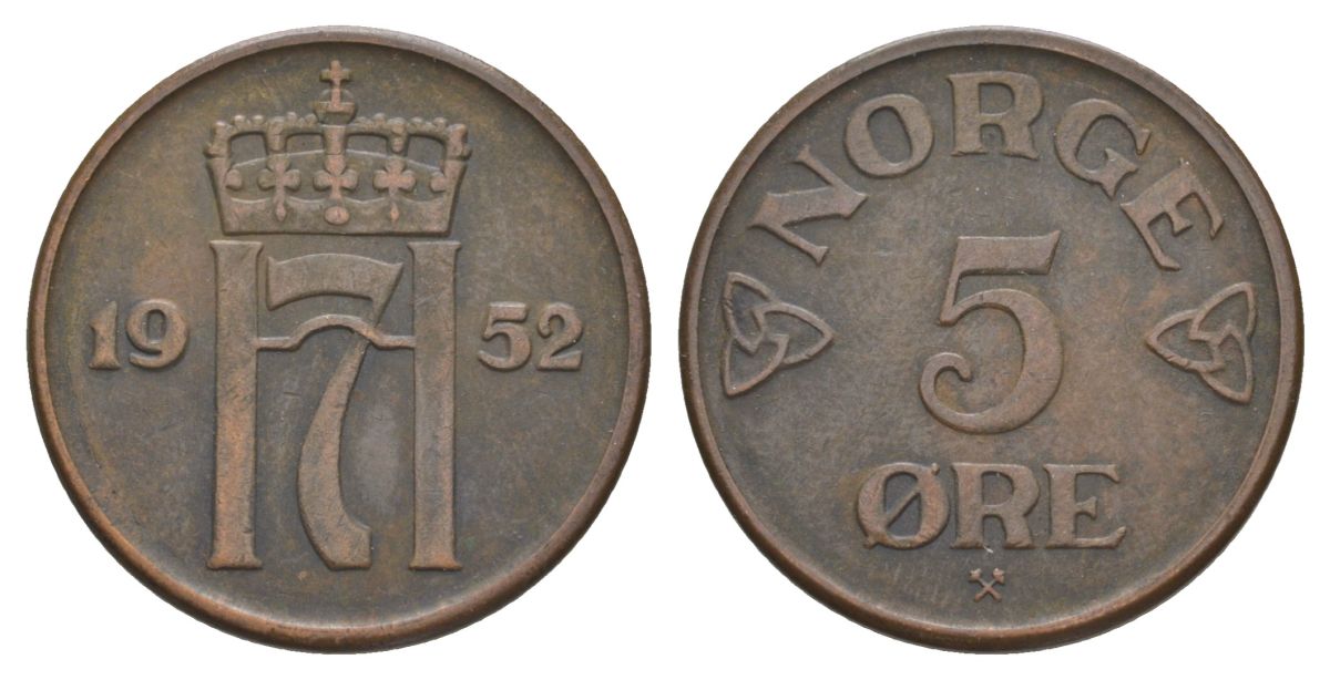 Норвегия 5 эре 1952 Хокон VII (1905-1957) KM 400 бронза 4635-543