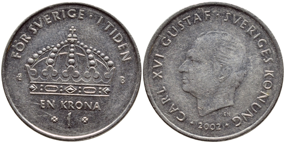 Швеция 1 крона 2002 Карл XVI Густав (1973- ) KM 894 медно-никель 4380-515