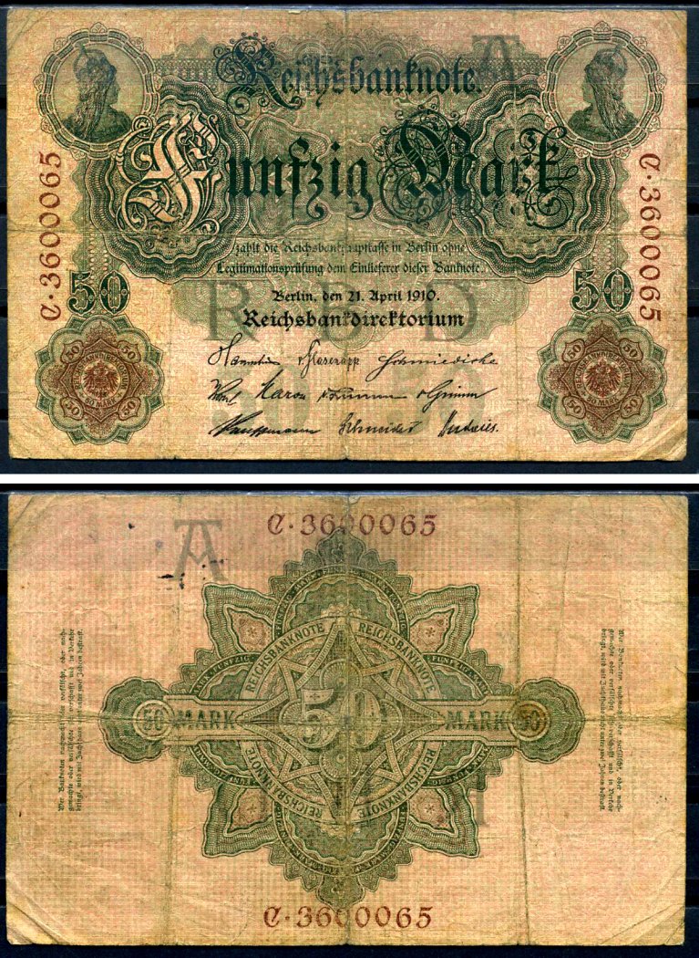Германия 50 марок 1910 Pick 41 бумага 7523-38-1-2