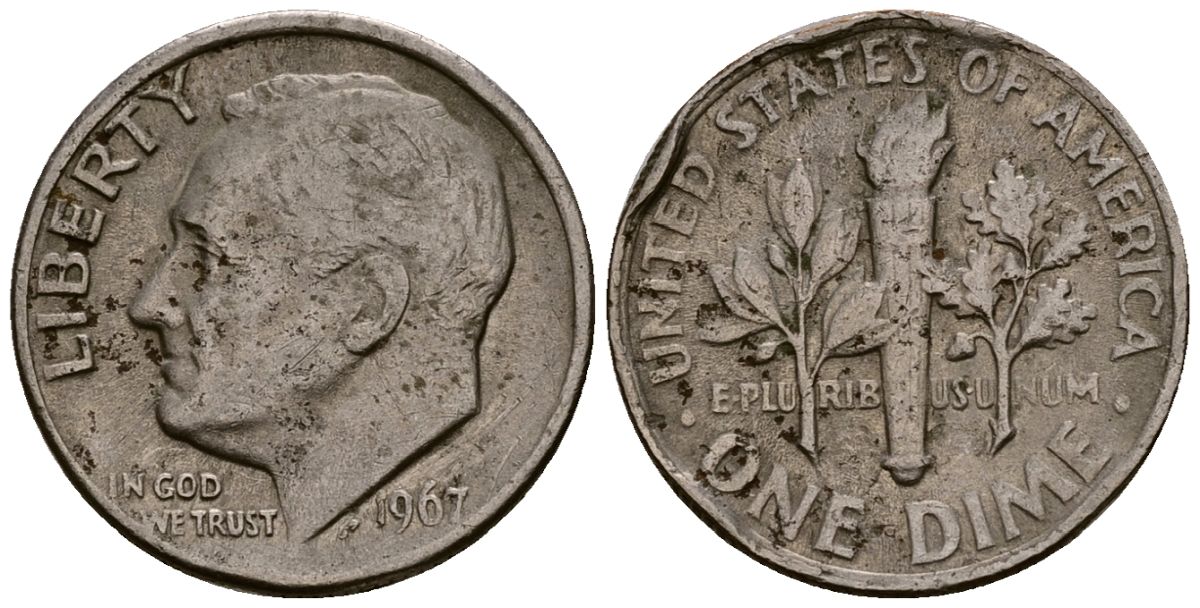 США 10 центов (дайм) 1967 Рузвельт KM 195a медь плакированная медно-никелем 4164-939