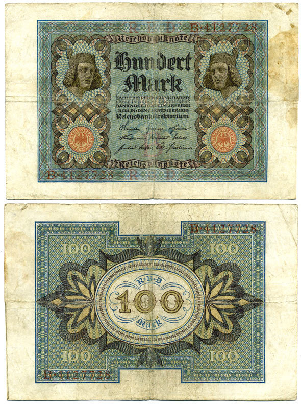 Германия 100 марок 1920 Бамбергский всадник, 7 цифр в номере Pick 69 a, Розенберг 67а  бумага 3295-114-3-2