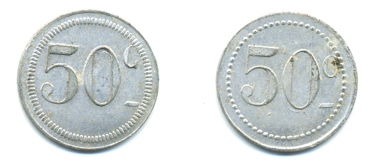 ФРАНЦИЯ 50 САНТИМОВ НАЧАЛО XX ВЕКА d 24 мм, вес около 1,0 гр., платежный жетон алюминий 89-756