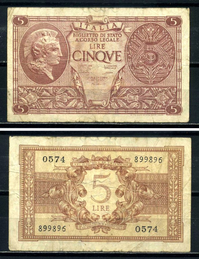 Италия 5 лир 1944 23 ноября 1944 Афина в шлеме, signatures: BoLaffi / CavalLaro / Giovinco Pick 31с, Grapanzano BS 31 3295-58-2-2