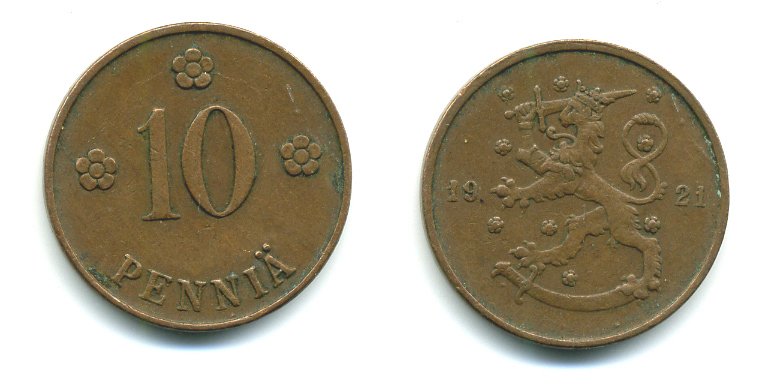 Финляндия 10 пенни 1921 республика (1918-1962) KM 24 медь 29-352