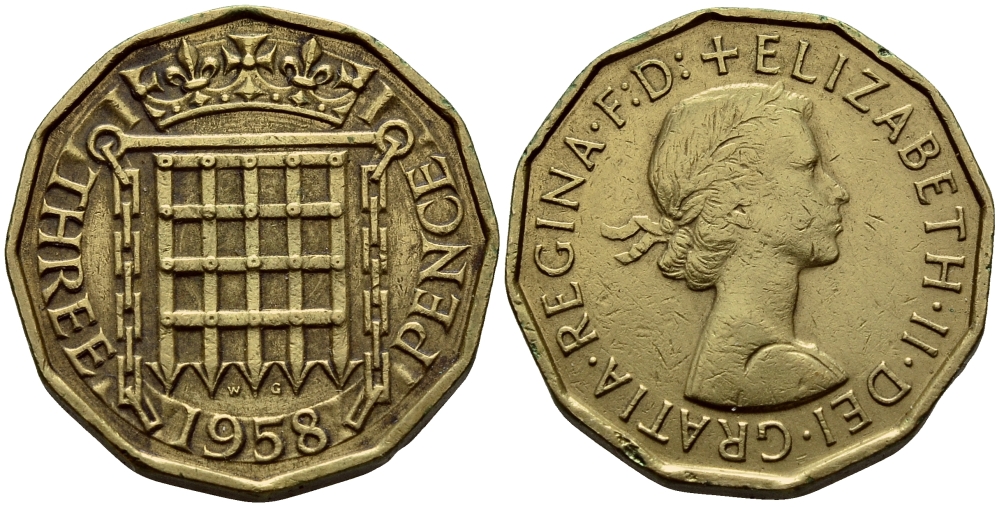 Великобритания 3 пенса 1958 Елизавета II (1952-2022) KM 900, Spink 4153 никель латунь 41-1217