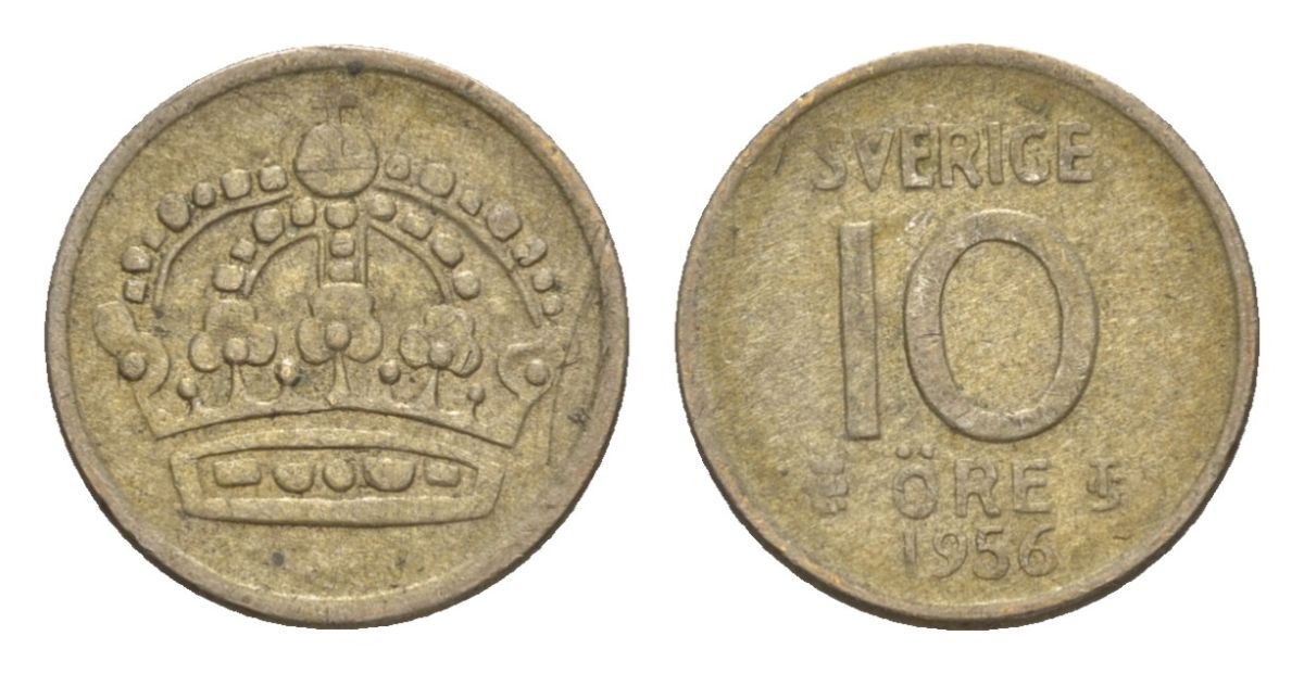 Швеция 10 эре 1956 TS, Густав VI Адольф (1950-1973) KM 823 серебро 4632-749