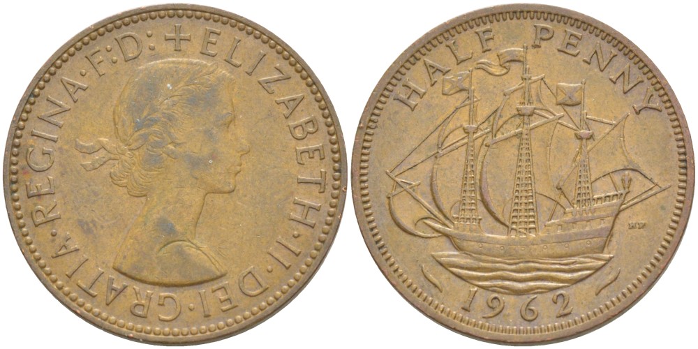 Великобритания 1/2 пенни 1962 Елизавета II (1952-2022) KM 896, Spink 4158 бронза 4544-127