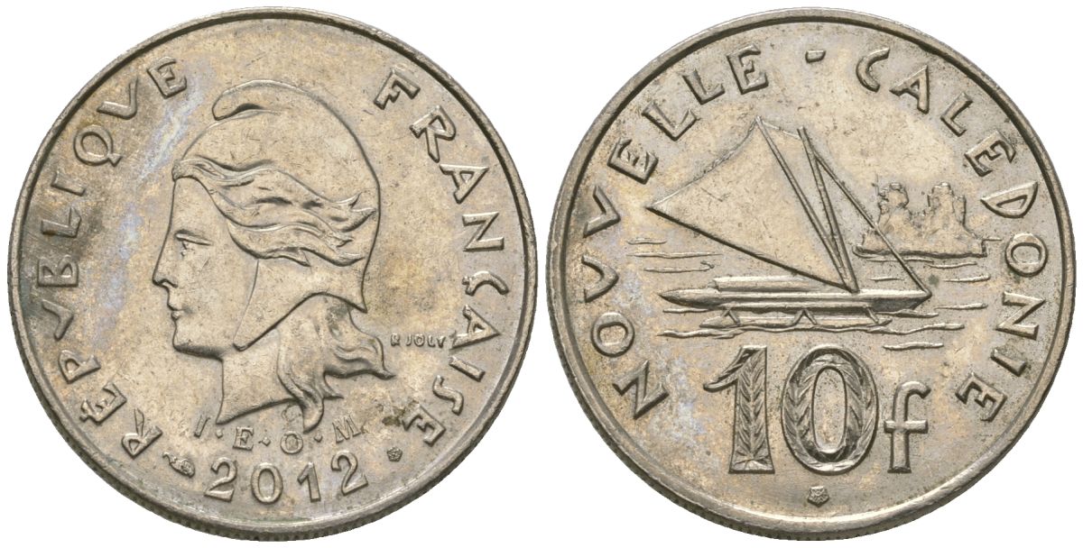 Французская Новая Каледония 10 франков 2012 рыбачья парусная лодка, (IEOM) KM 11a, Schoen 13a, Lec 99k медно-никель 65-933