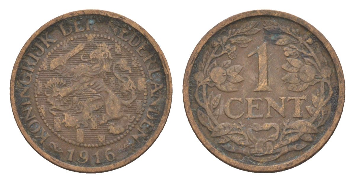 Нидерланды 1 цент 1916 Вильгельмина (1890-1948) KM 152 бронза 75-138