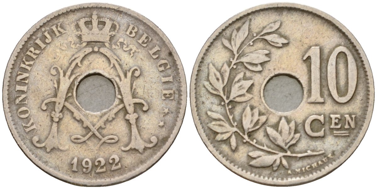 Бельгия 10 сантимов 1922 Belgie KM 86 медно-никель 26-556