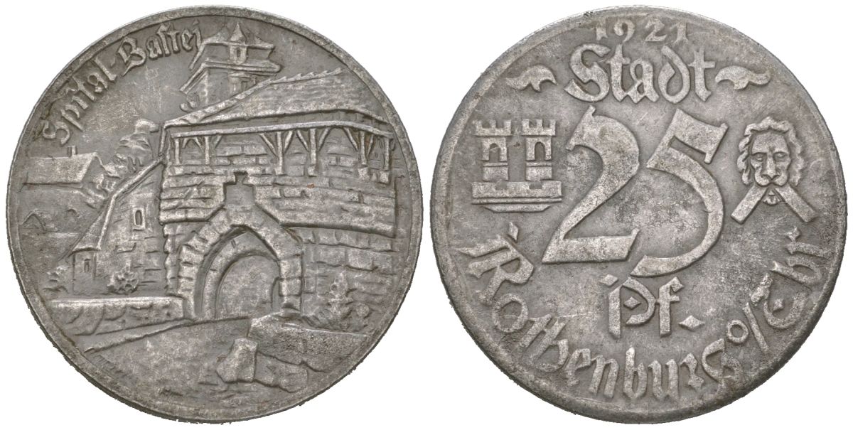 Ротенбург-об-дер-Таубер 25 пфеннигов 1921 Больница Бастай Funck 453.7i, Men18 27506.10 железо 46-1942