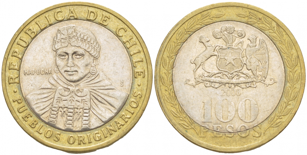 Чили 100 песо 2008 индейцы Мапуче KM 236 биметалл 4541-125