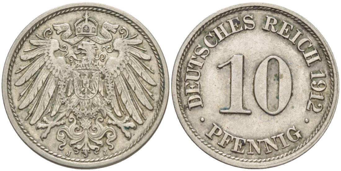 Германия 10 пфеннигов 1912 J KM 12, Jager 13, Weege 8 медно-никель 219-226