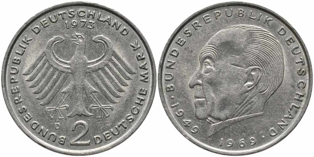 ФРГ 2 МАРКИ 1973 D, КОНРАД АДЕНАУЭР KM 124, J. 406 медно-никель плакированный никелем 113-142