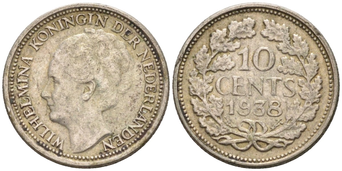 Нидерланды 10 центов 1938 Вильгельмина I (1890-1948) KM 163 серебро 188-913