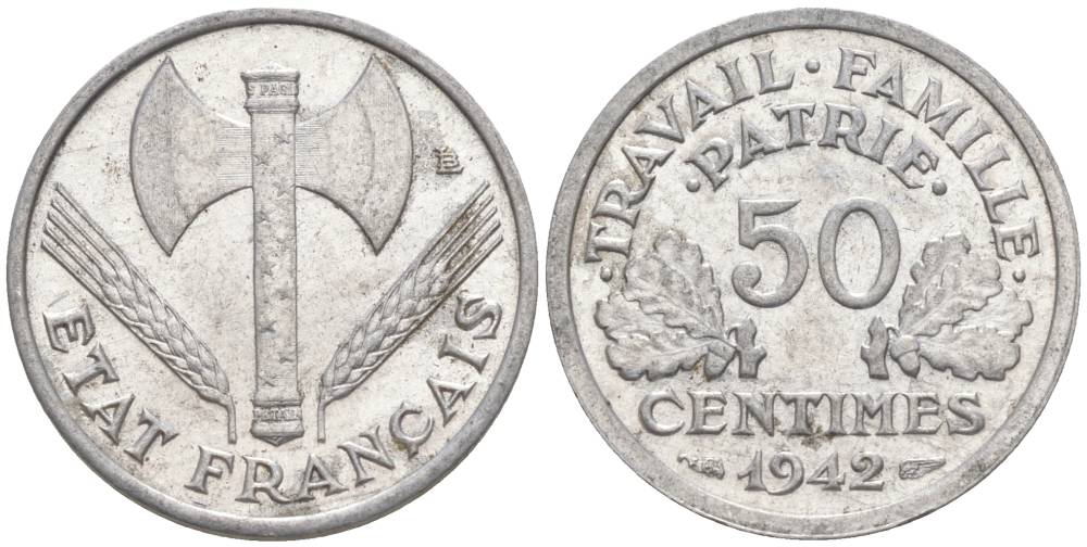 ФРАНЦИЯ 50 САНТИМОВ 1942 ТИП FRANCISQUE, LOURDE, ПРАВИТЕЛЬСТВО ВИШИ KM 914.1, LE FRANC 195.2 алюминий 44-338