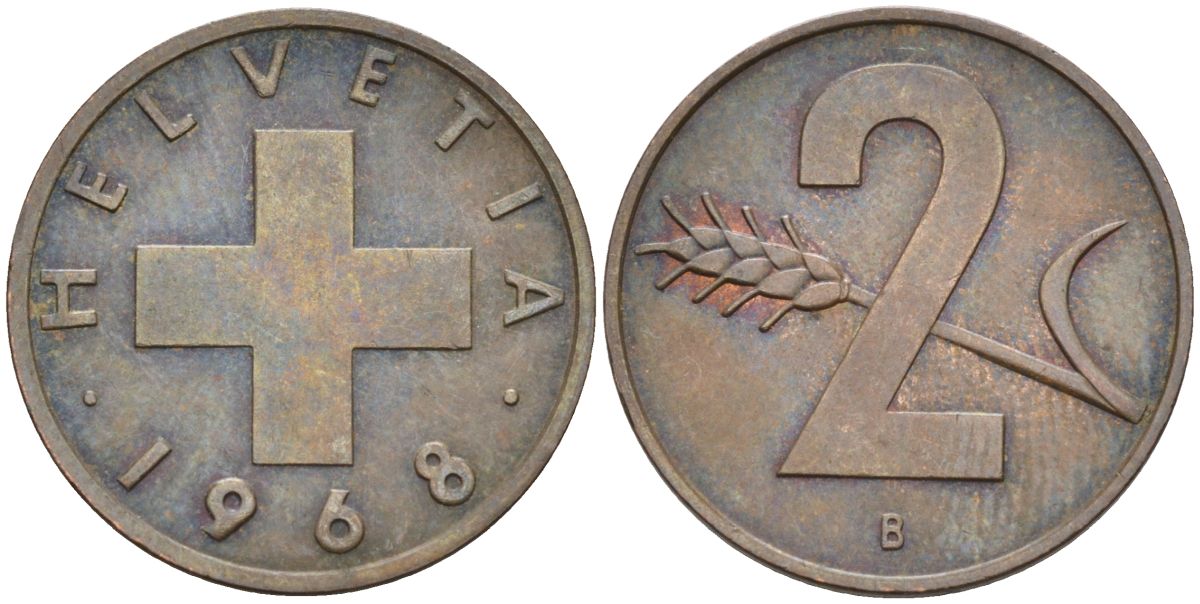 Швейцария 2 раппена 1968 В KM 47 бронза 4582-1046