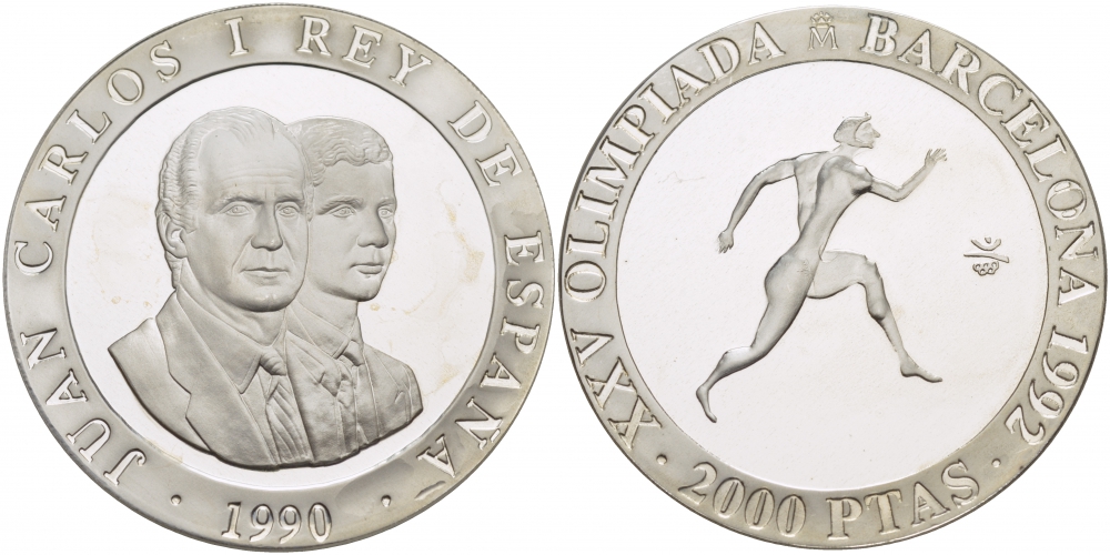 Испания 2000 песет 1990 XXV летние Олимпийские игры 1992 года в Барселоне, бег KM 864 серебро PROOF 02-090-33