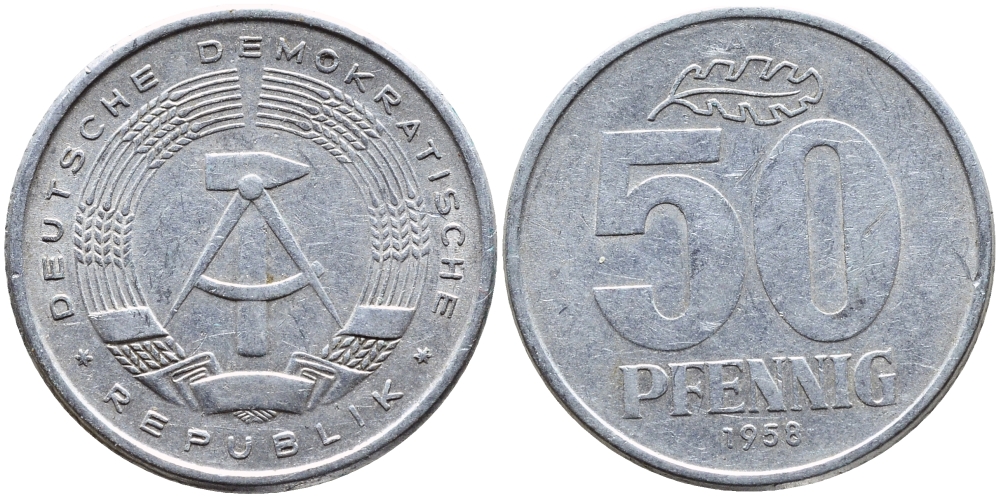 ГДР 50 ПФЕННИГОВ 1958 А KM 12.1 алюминий 4391-1226