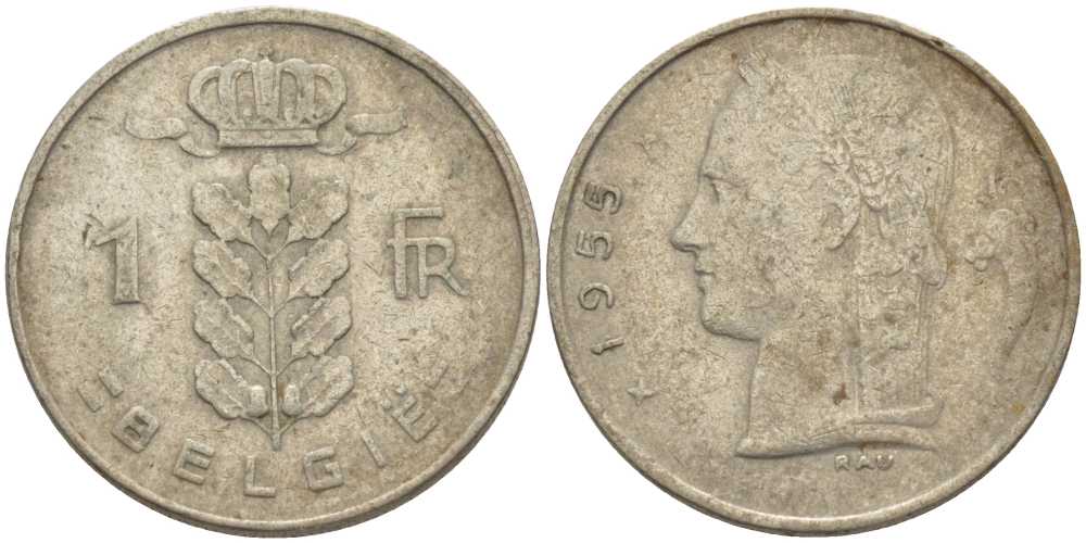 БЕЛЬГИЯ 1 ФРАНК 1955 BELGIE, БОДУЭН I (1951-1993) KM 143.1 медно-никель 119-542