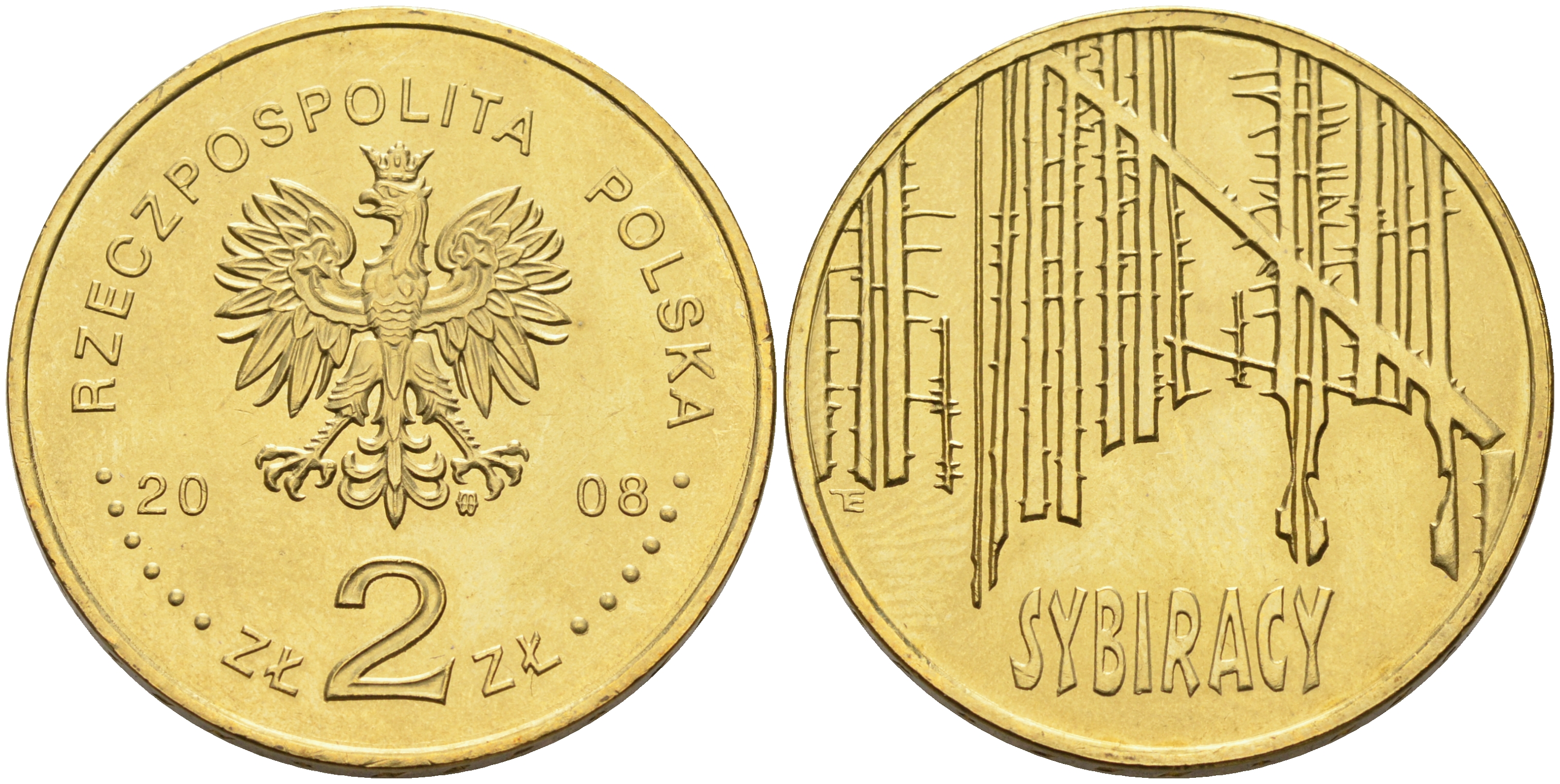 Польша 2 злотых 2008 сибирские ссыльные (сибирские леса) KM 638 латунь 4589-354