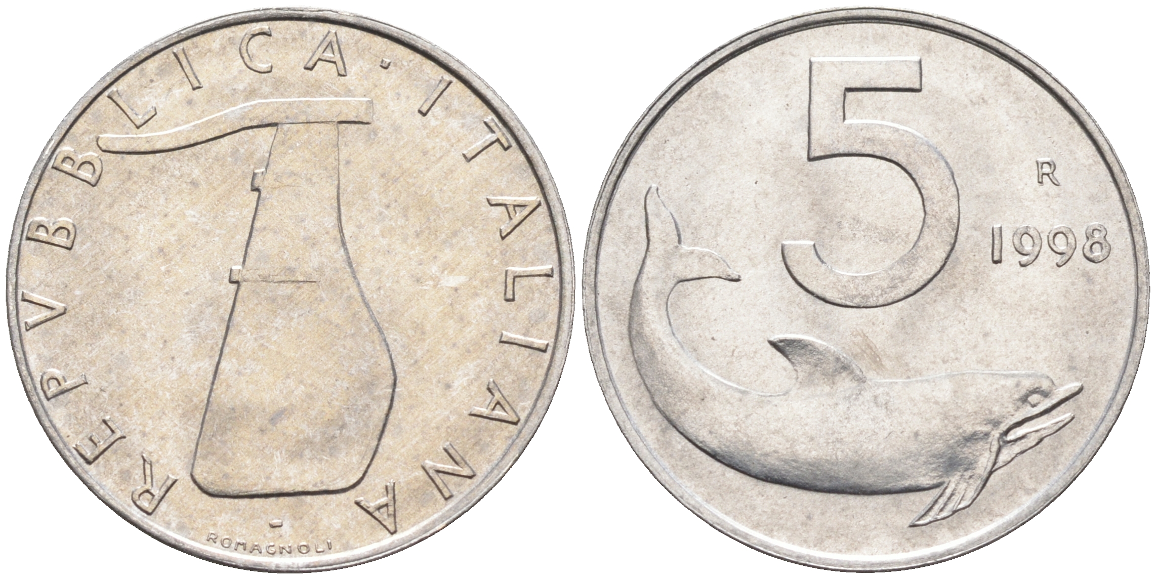Италия 5 лир 1998 R, дельфин KM 92 алюминий  UNC  4594-965