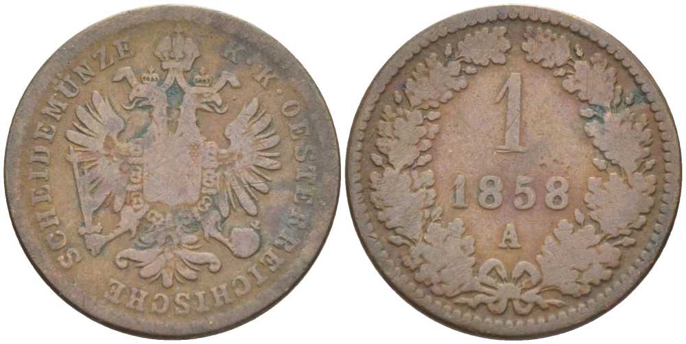 Австрия 1 крейцер 1858 А, Франц Иосиф (1846-1918) KM 2186 медь 201-869