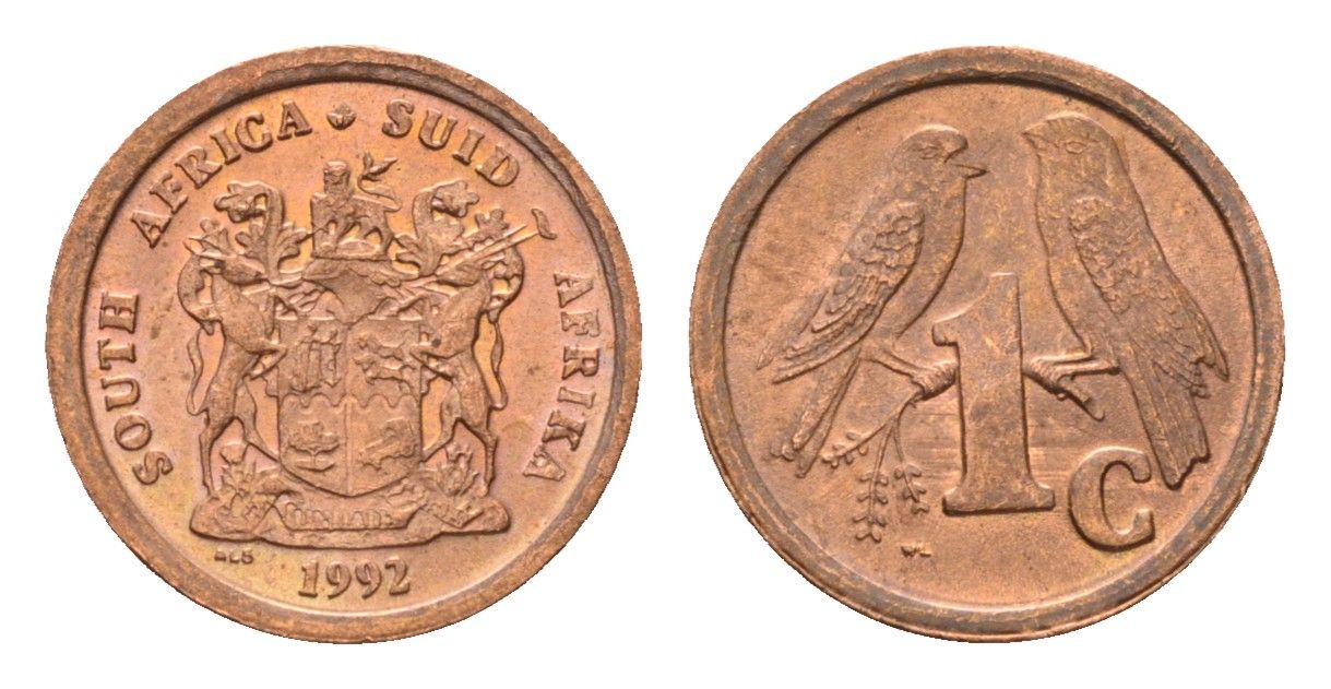 ЮАР 1 цент 1992 герб, капские воробьи KM 132 сталь плакированная медью UNC 4690-1269