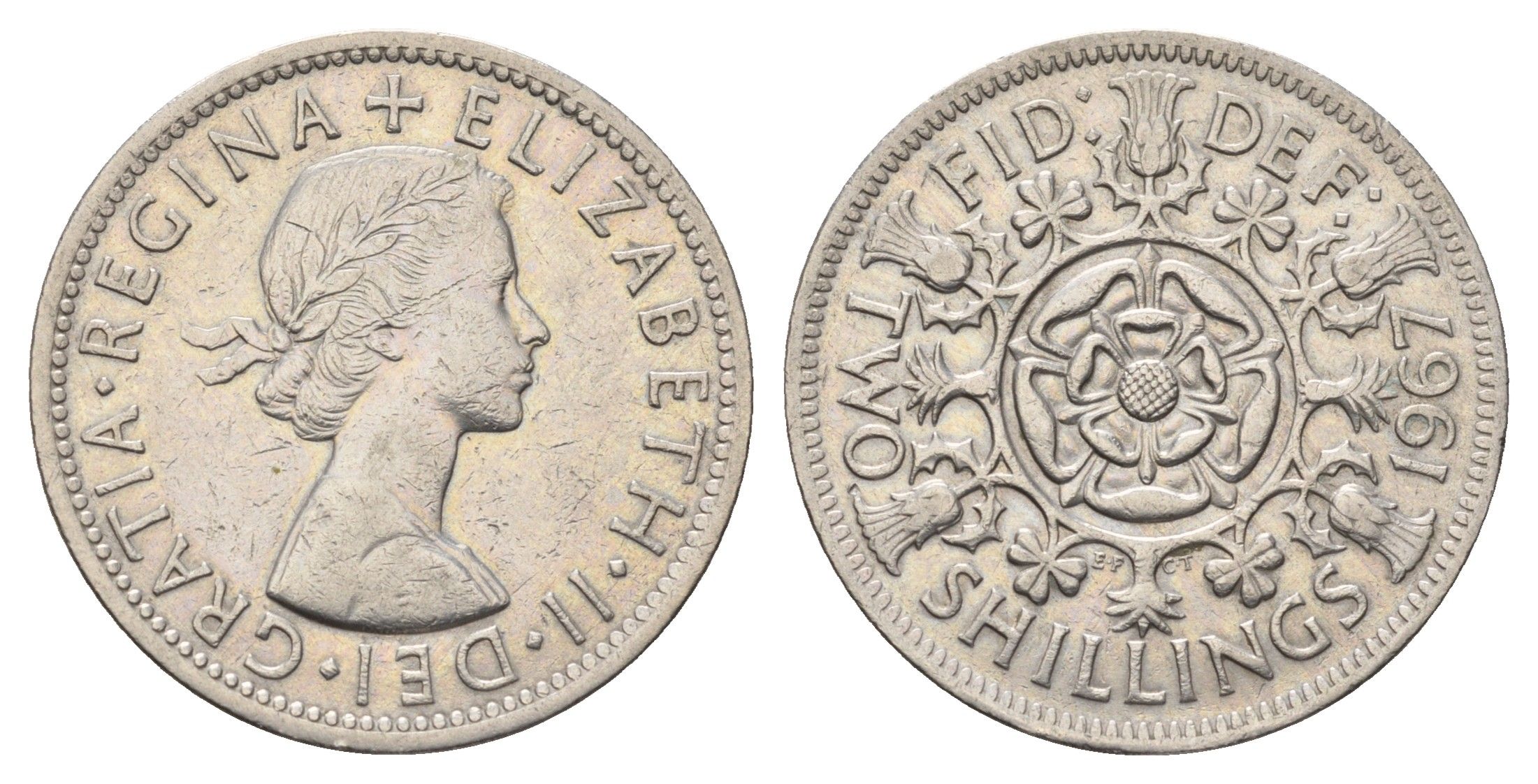 Великобритания 2 шиллинга (флорин) 1967 Елизавета II (1952-2022) KM 906, Spink 4146 медно-никель 4692-423