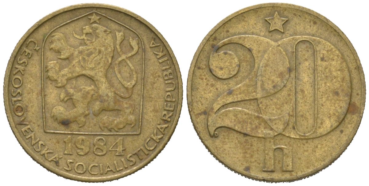Чехословакия 20 геллеров 1984 KM 74 латунь 4621-425