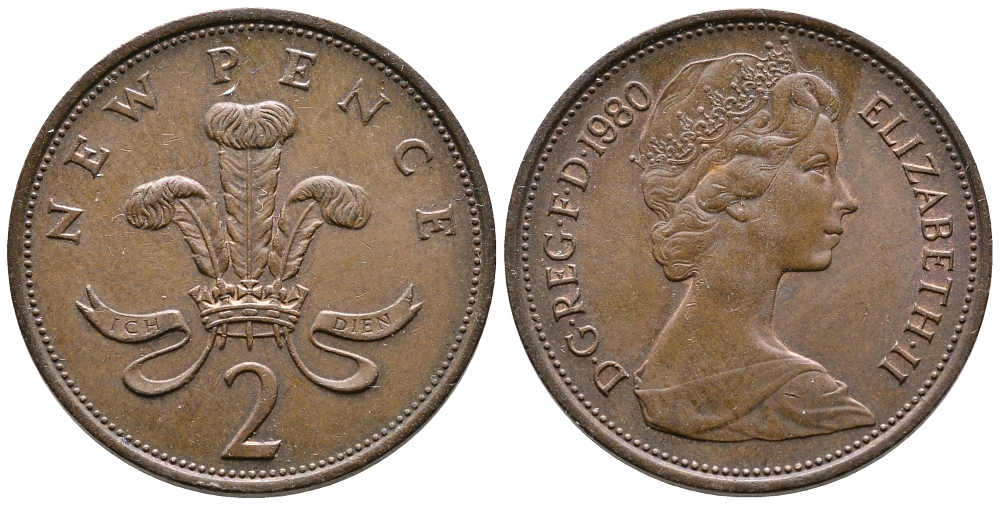 Великобритания 2 пенса 1980 Елизавета II (1952-2022) KM 916, Spink 4235 (C1) бронза 87-735