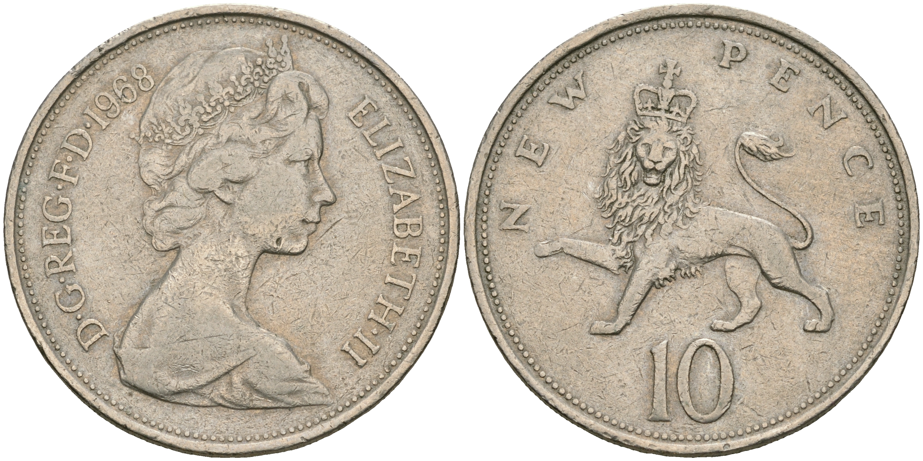 Великобритания 10 пенсов 1968 Елизавета II (1952-2022) KM 912, Spink 4231 (F1) медно-никель 08-414