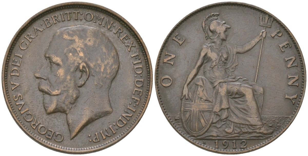 Великобритания 1 пенни 1912 H, Георг V (1910-1936) KM 810, Spink 4052 бронза    69-135