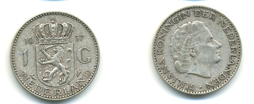 Нидерланды 1 гульден 1957 Юлиана (1948-1980) KM 184 серебро 83-744