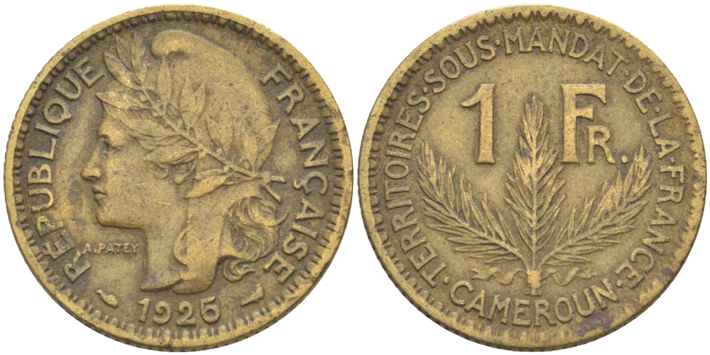 Французский Камерун 1 франк 1925 (а), монетный двор Париж KM 2 алюминиевая бронза 4606-933