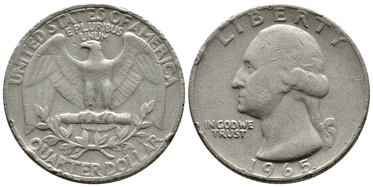 США 25 центов (квотер) 1965 Вашингтон KM 164а медь плакированная медно-никелем 57-1332